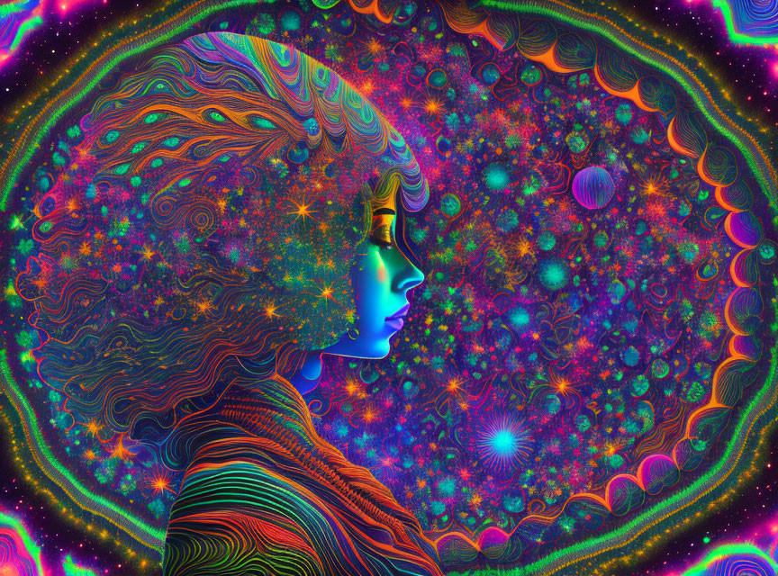 Colorful Psychedelic Profile Portrait of Woman with Cosmic Motifs