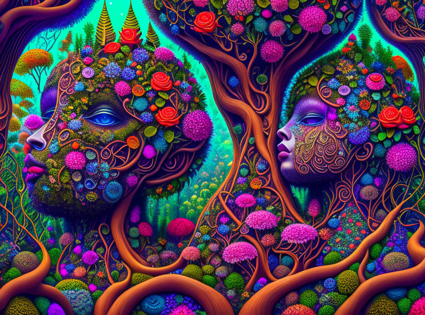 Colorful psychedelic artwork: Two faces with floral patterns in fantastical forest.