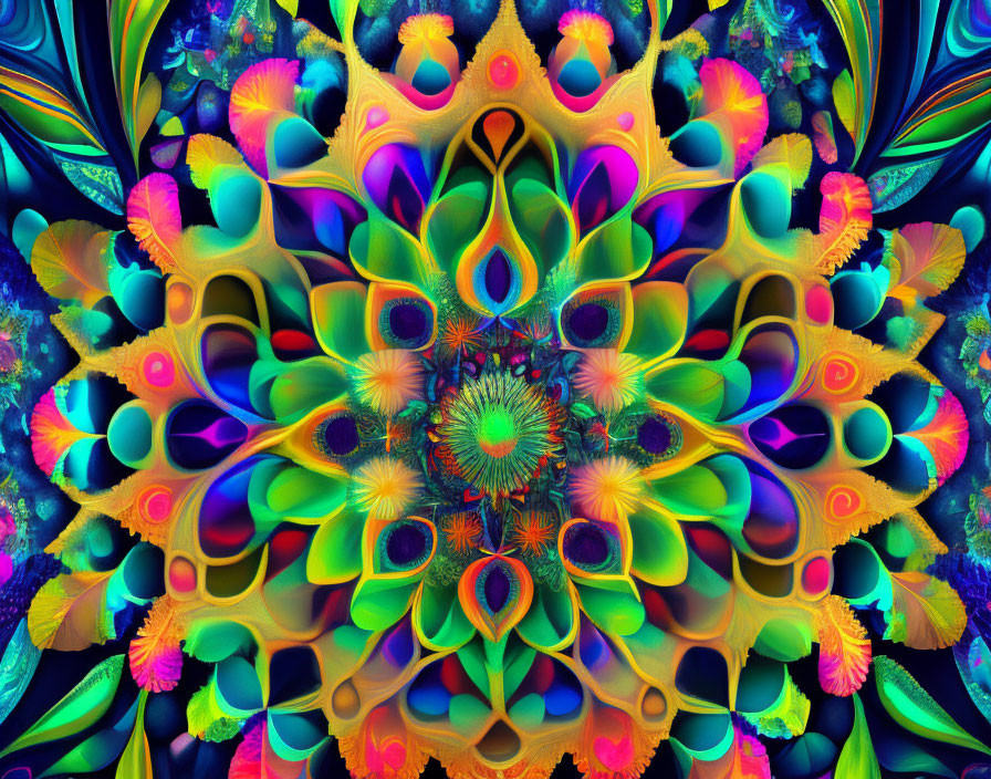 Symmetric Neon Fractal Image with Vibrant Patterns