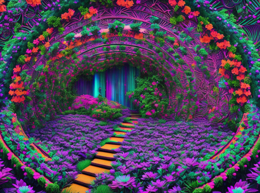 Surreal garden with vibrant flora and blue waterfall