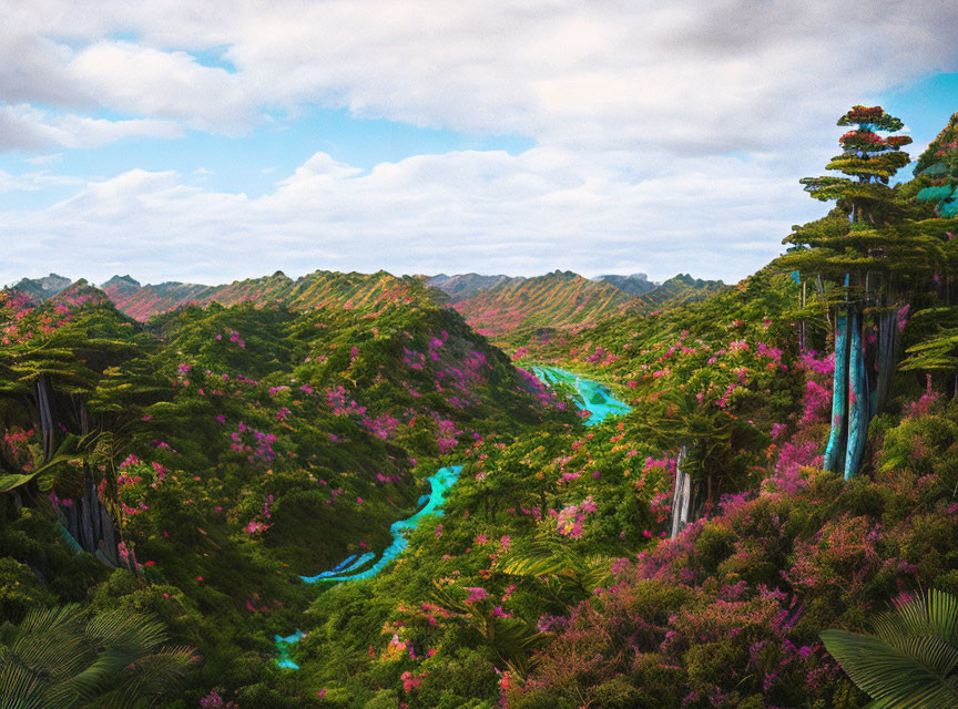 Lush landscape with pink flowers, turquoise river, colorful trees