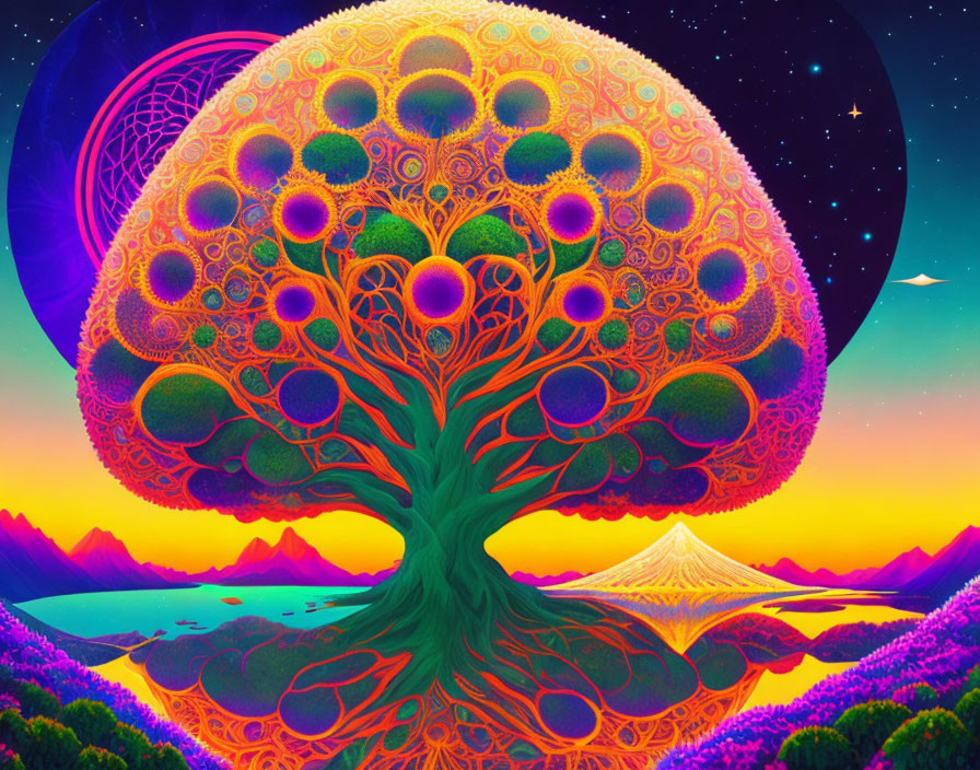 Colorful Psychedelic Tree Illustration Under Starry Sky with Mountains and Lake