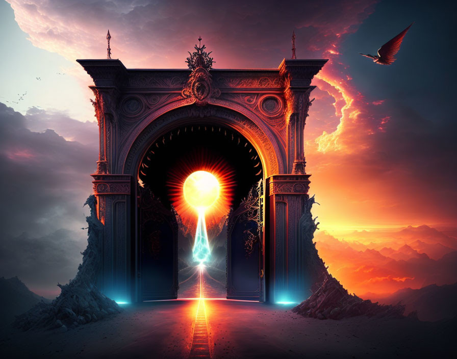 Ornate Gateway with Sunset, Dramatic Sky, Mountains, and Bird