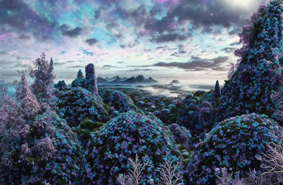 Mystical forest with blue and purple foliage under starry sky