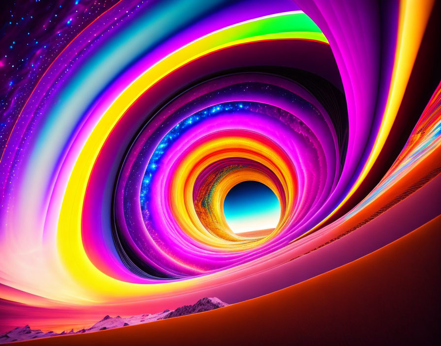 Colorful swirling patterns in tunnel formation against starry sky and snowy landscape