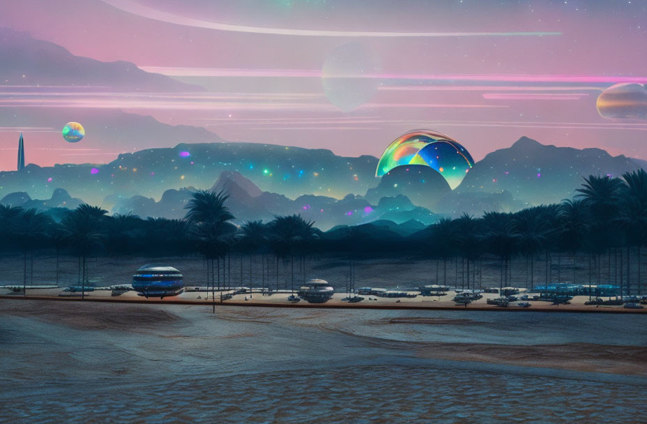 Futuristic twilight beach with spaceships, auroras, mountains, celestial body