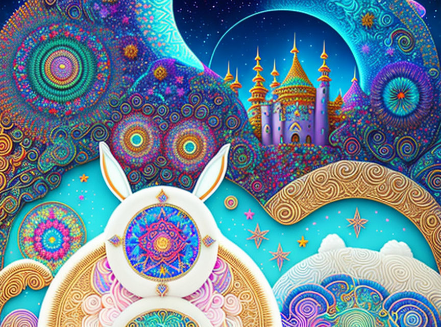 Colorful Psychedelic Illustration with White Rabbit, Castle, and Starry Sky