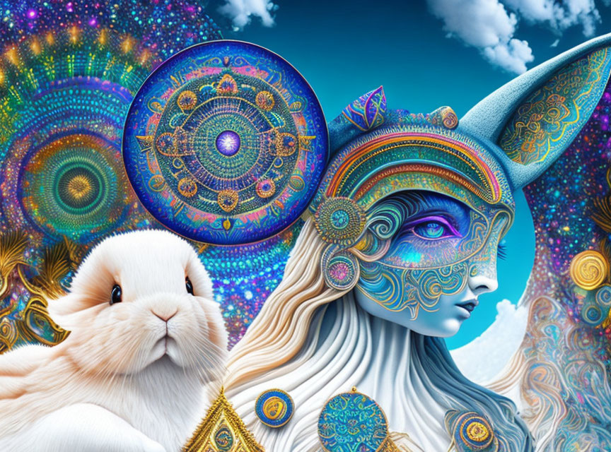 Colorful digital art: mystical woman with rabbit, intricate armor, cosmic patterns on blue sky