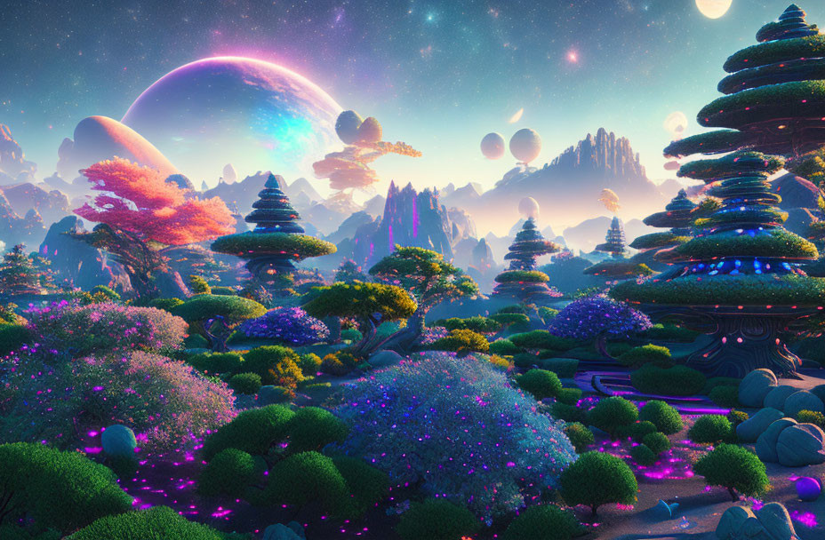 Colorful alien landscape with whimsical trees and celestial bodies in the sky