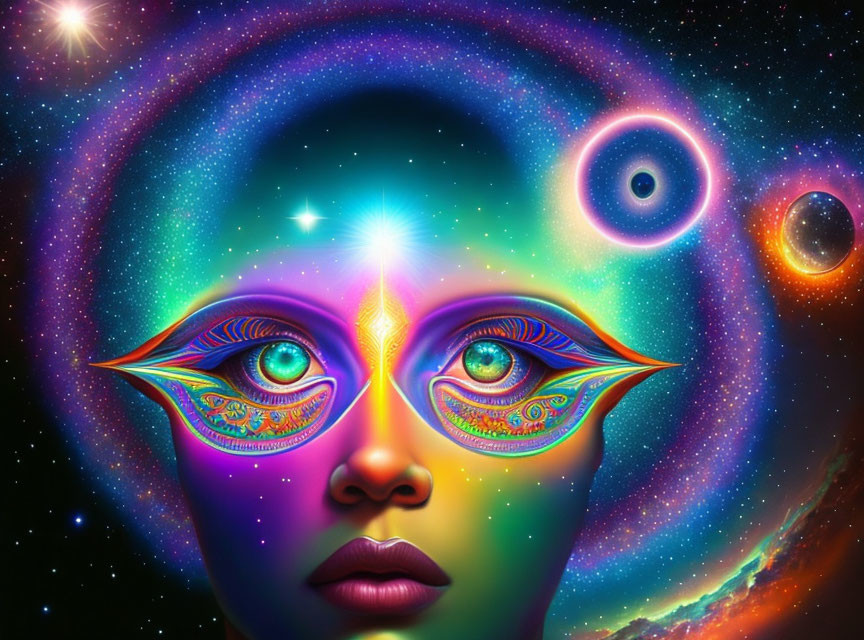 Colorful Digital Artwork of Cosmic Face with Stars and Galaxies