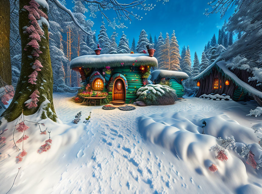 Whimsical snow-covered fantasy landscape with glowing cottages