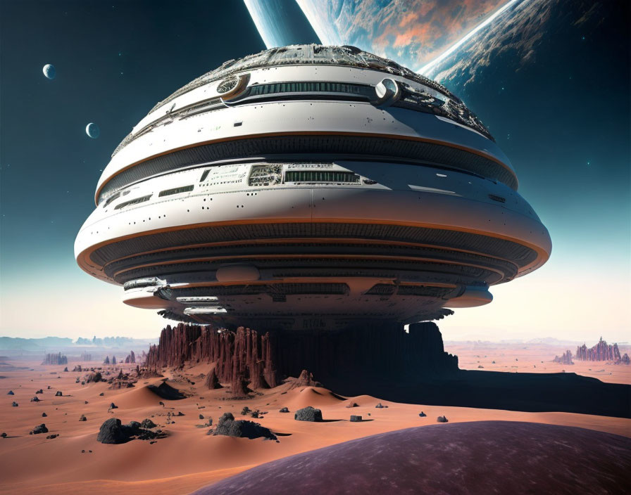 Gigantic spaceship over alien desert landscape with moons and planet