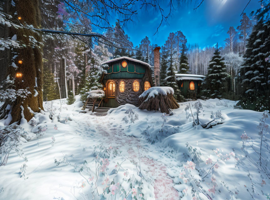 Twilight snow-covered landscape with cozy cabin and pine trees