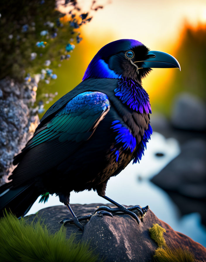 Colorful Bird with Blue and Purple Feathers Perched on Rock at Sunset