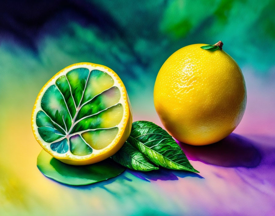 Fresh Lemon and Lime Slice on Colorful Background with Leaf