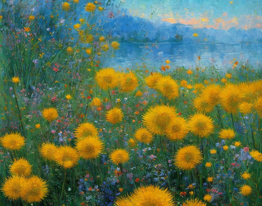 Vibrant yellow dandelions and wildflowers by tranquil blue lake