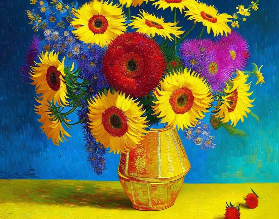 Colorful Sunflower Bouquet Oil Painting on Blue Background