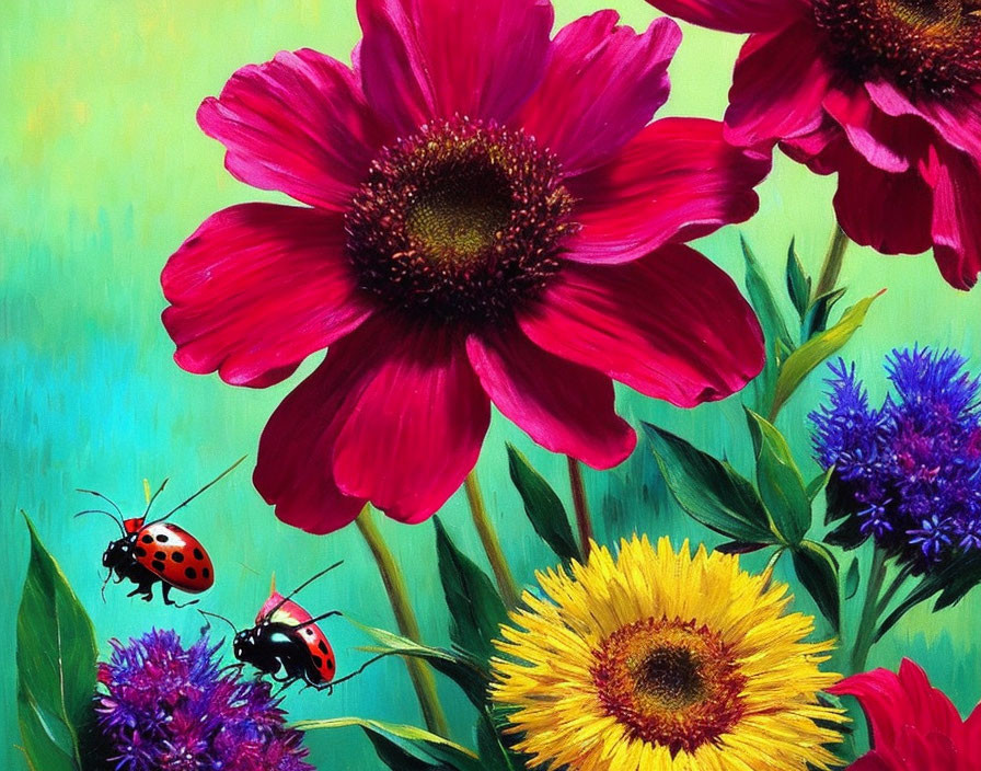 Colorful floral painting with pink, purple flowers, and ladybugs on green.