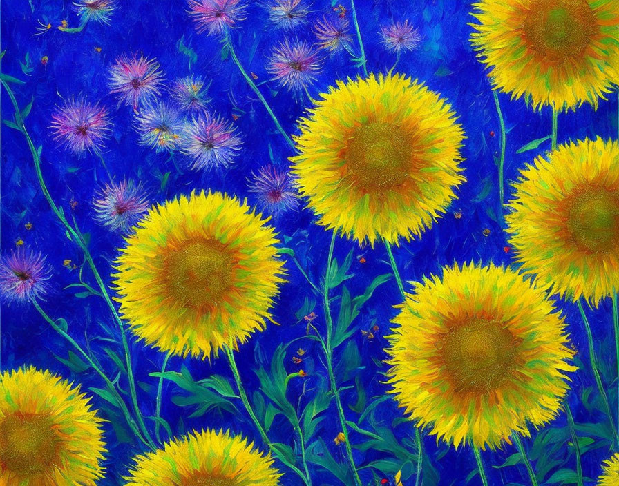 Colorful sunflowers and dandelions on textured blue background