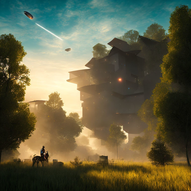 Sci-fi landscape at dawn with person on horseback and floating structure.