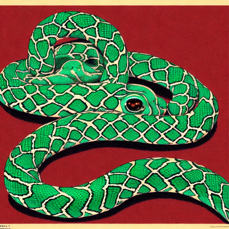 Green snake with patterned scales on red background, featuring intricate design.