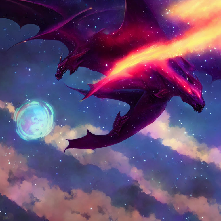 Purple dragon flying in starry sky with glowing wings and blue orb