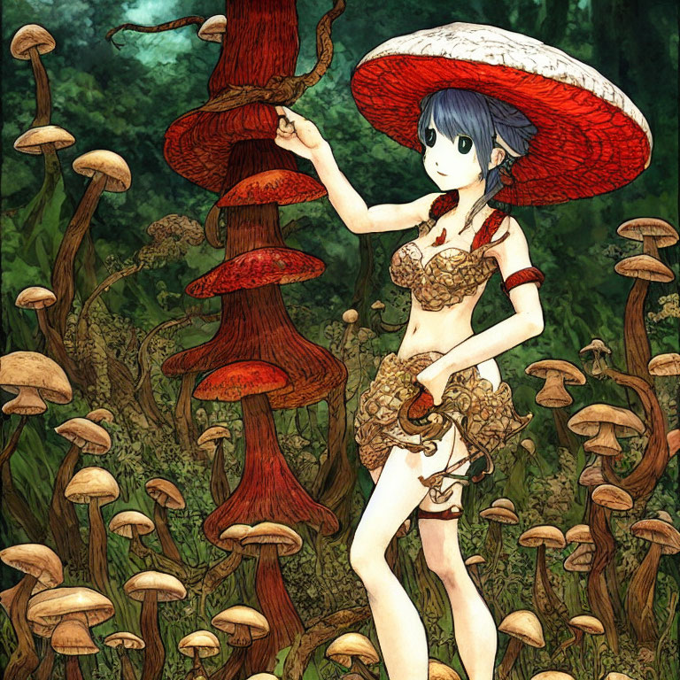 Illustration of girl with blue hair in red and white hat among oversized mushrooms in fantastical forest.