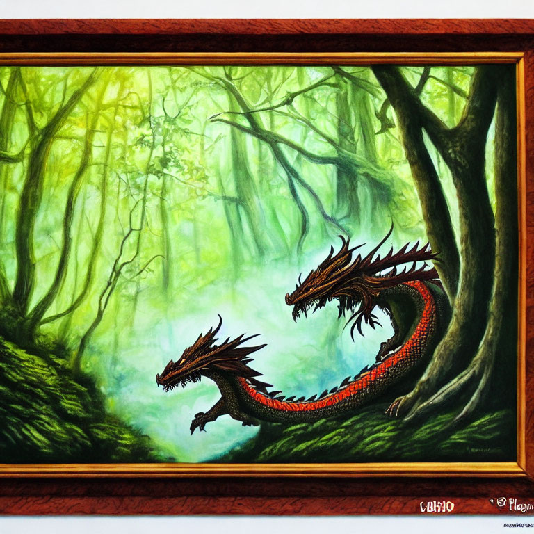 Two-headed dragon painting in mystical green forest setting