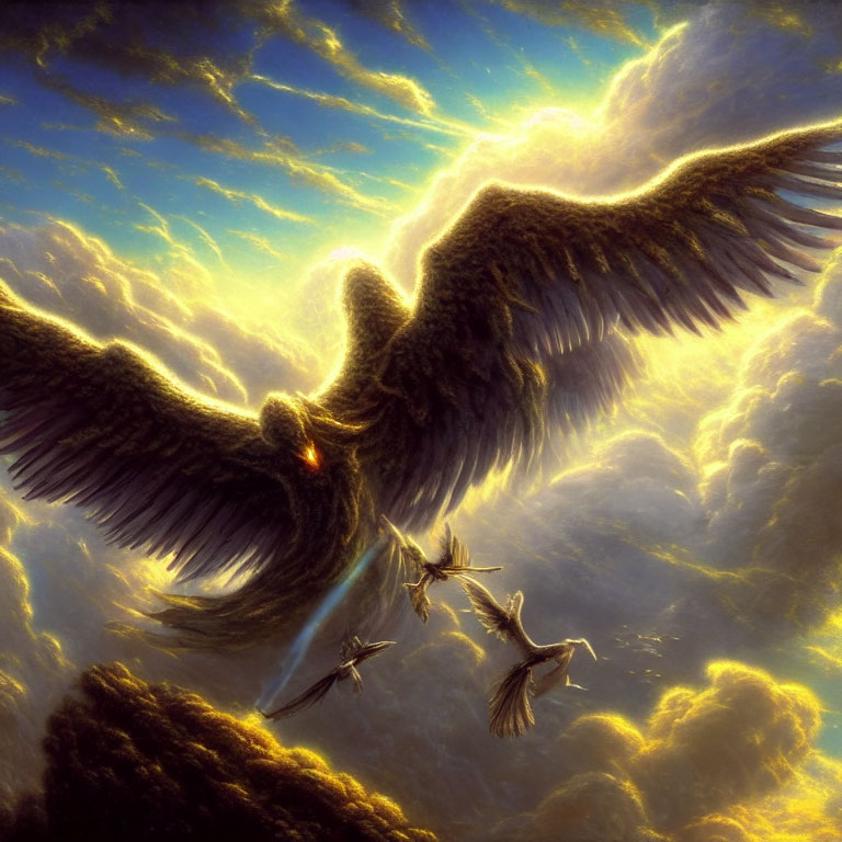 Large-winged creature leads smaller beings through dramatic skyscape