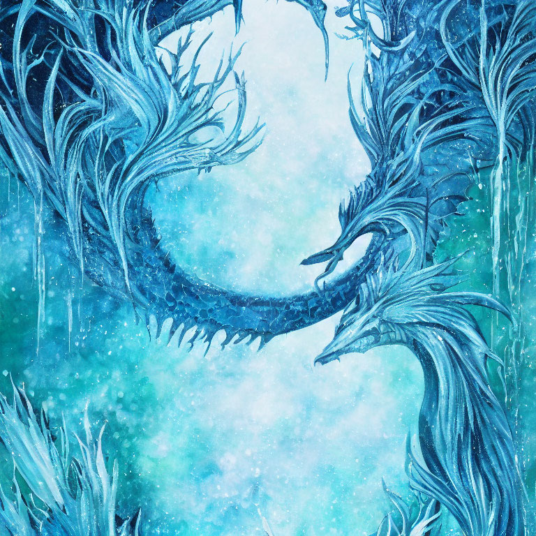 Intricately designed dragon artwork on mystical blue backdrop