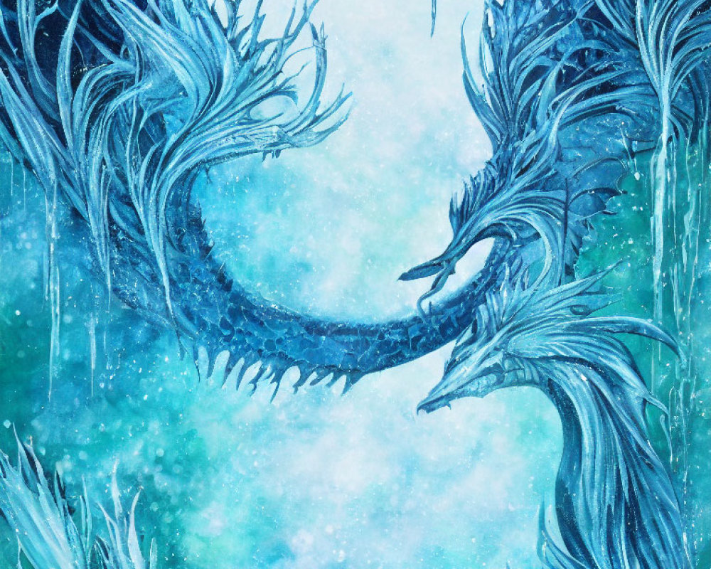 Intricately designed dragon artwork on mystical blue backdrop