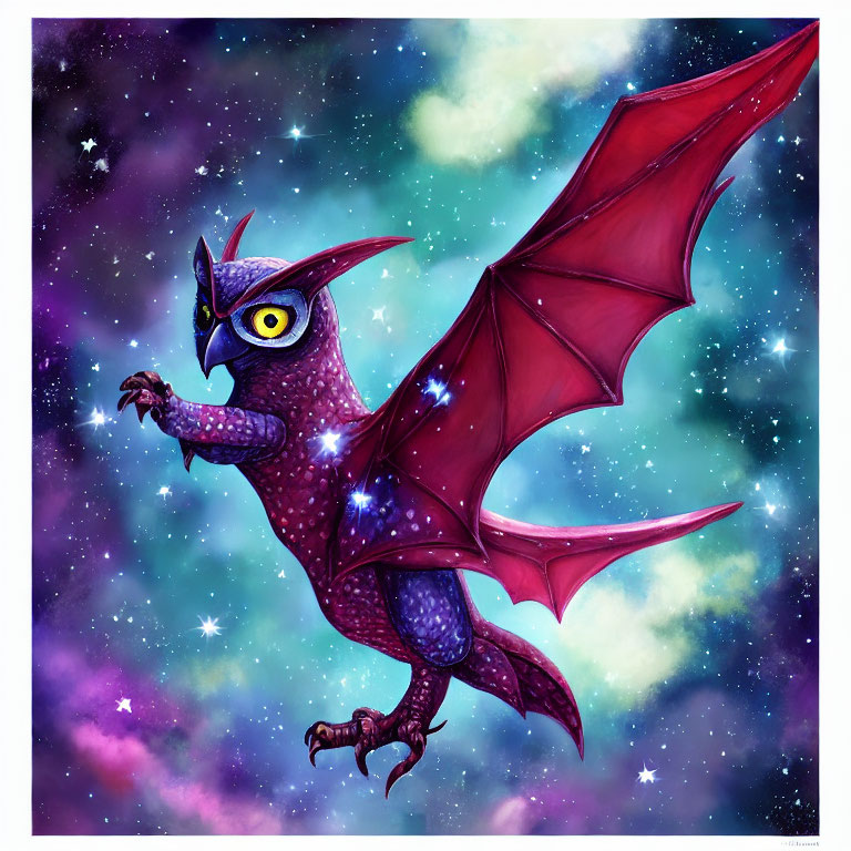 Purple dragon with owl-like features soaring in cosmic background