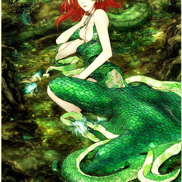 Red-Haired Mermaid with Green Tail Surrounded by Underwater Fish and Plants