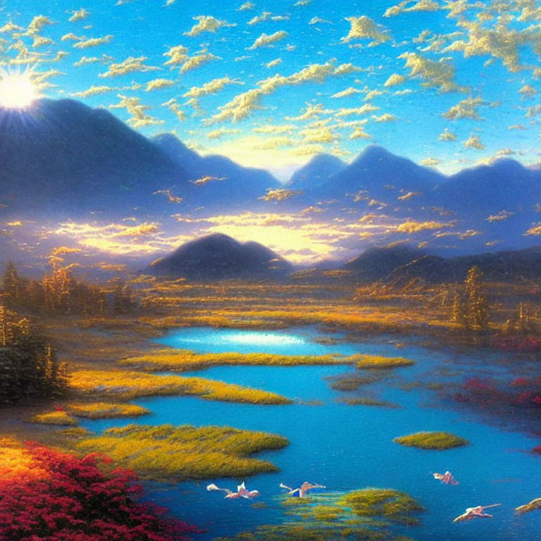 Scenic painting of serene lake, sunrise, mountains, colorful flora, and swans