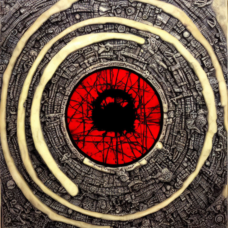 Circular Stone Carving with Concentric Circles and Bright Red Eye