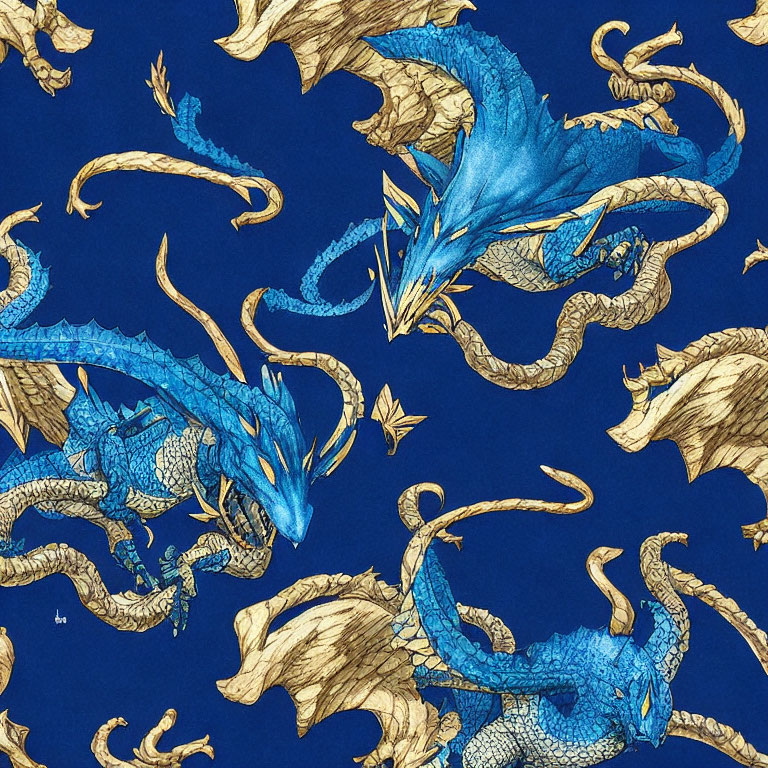 Majestic Blue Dragons with Golden Accents Soaring on Deep Blue Background