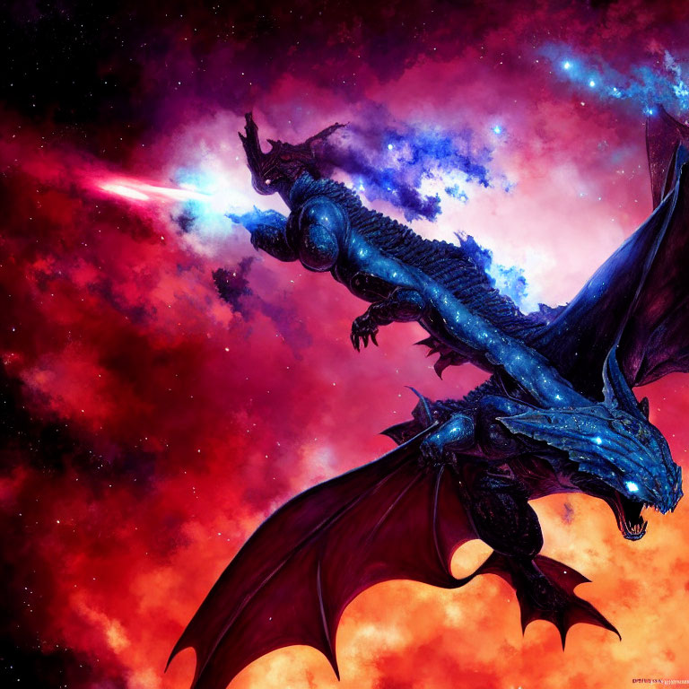 Blue dragon flying in cosmic sky with stars and red clouds