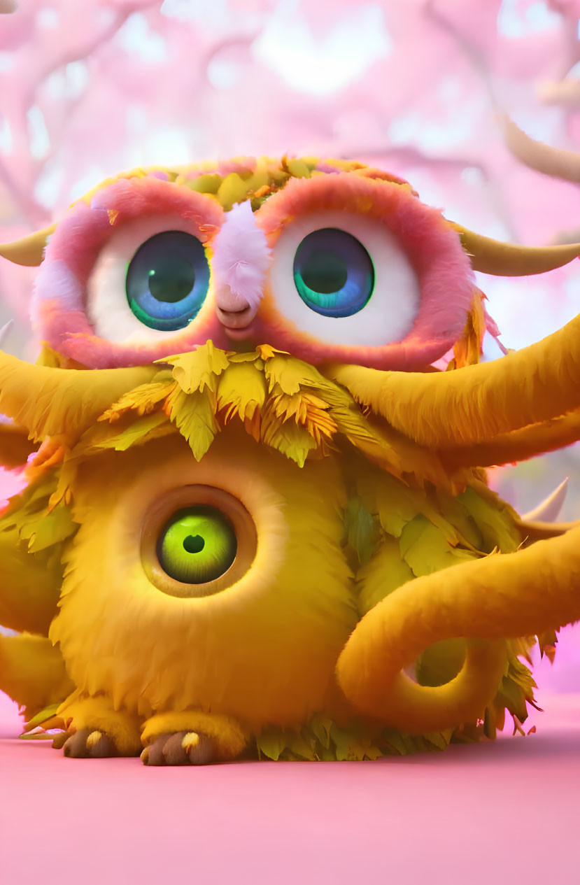 Vibrant digital art of cute fantasy owl creatures on pink backdrop