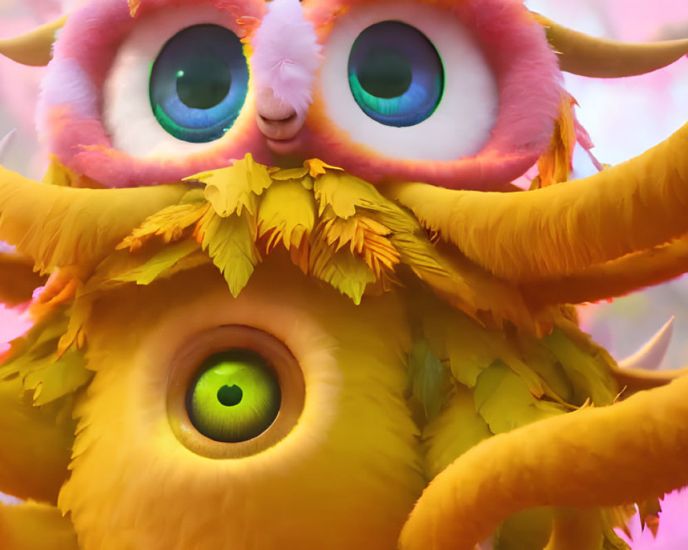 Vibrant digital art of cute fantasy owl creatures on pink backdrop