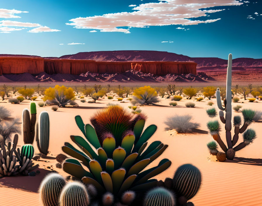 Desert landscape with cacti, scrub vegetation, and red rock formations