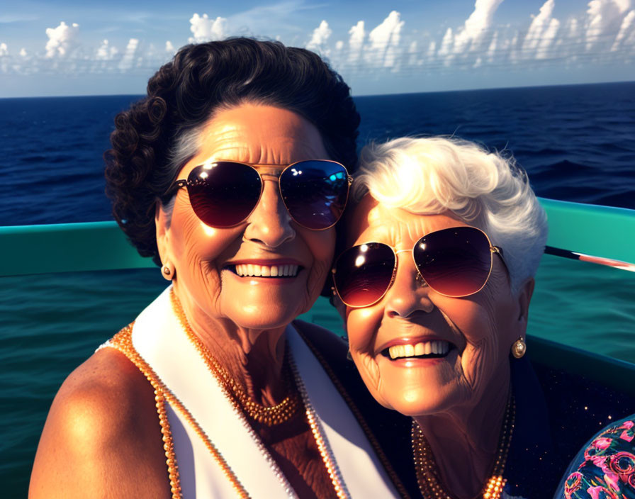 Elderly Women in Sunglasses and Pearls on Boat with Blue Sky