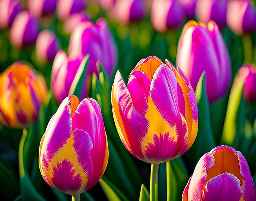 Colorful Tulips in Sunlit Field: Pink & Yellow with Streaks