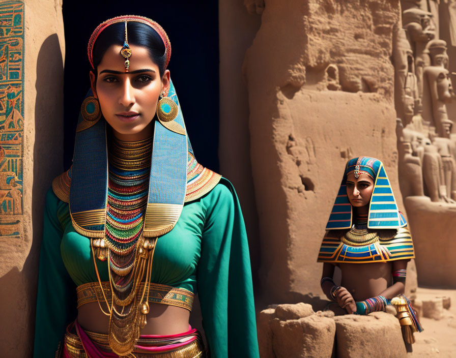 Ancient Egyptian-themed woman with vibrant jewelry near hieroglyphic monument