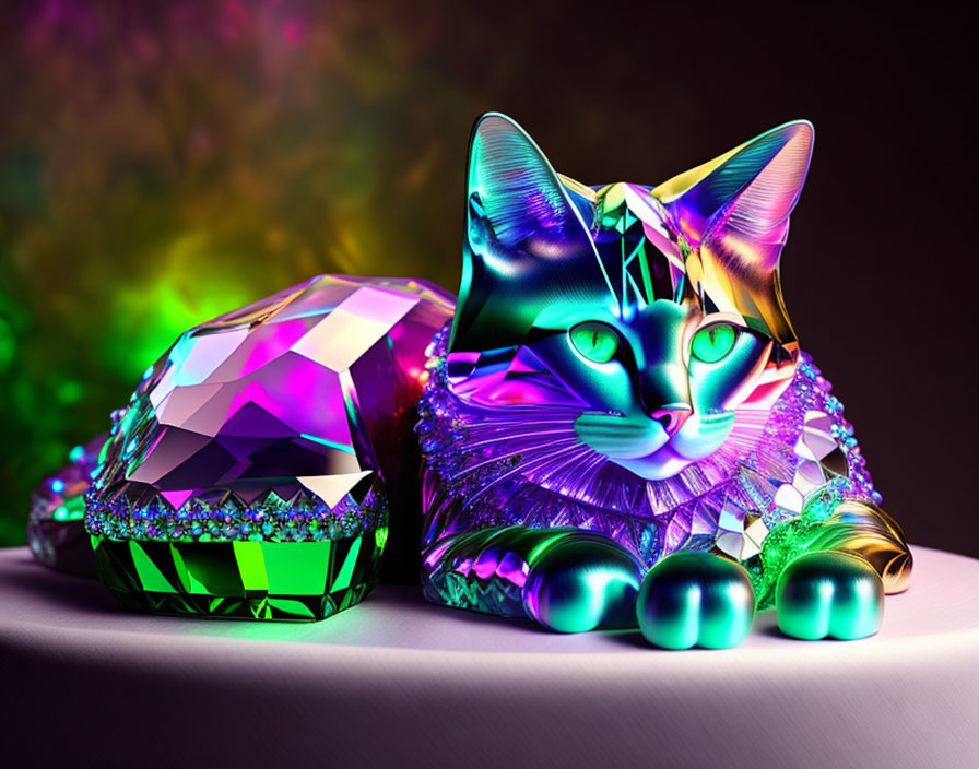 Colorful Crystal Cat Figurine Surrounded by Shimmering Stones