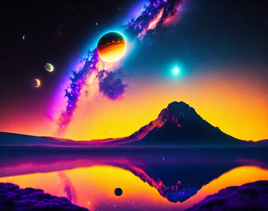 Colorful cosmic landscape with planets, starry sky, lake reflection, and mountain silhouette.