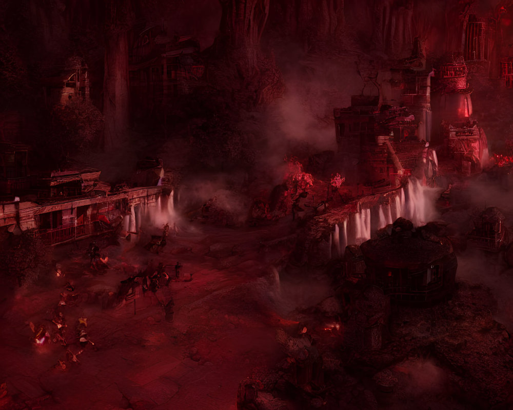 Eerie fantasy landscape with red and black colors, ancient ruins, waterfalls, mist, and ghost