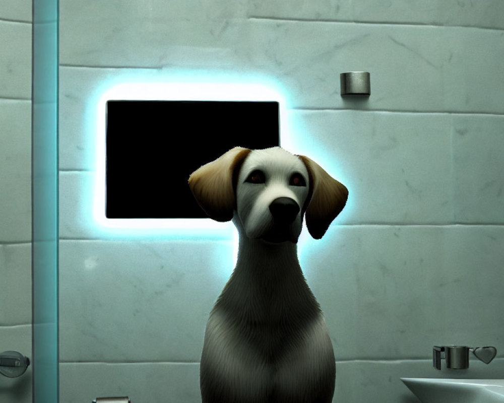 Cartoon Dog in Bathroom with Glowing Mirror