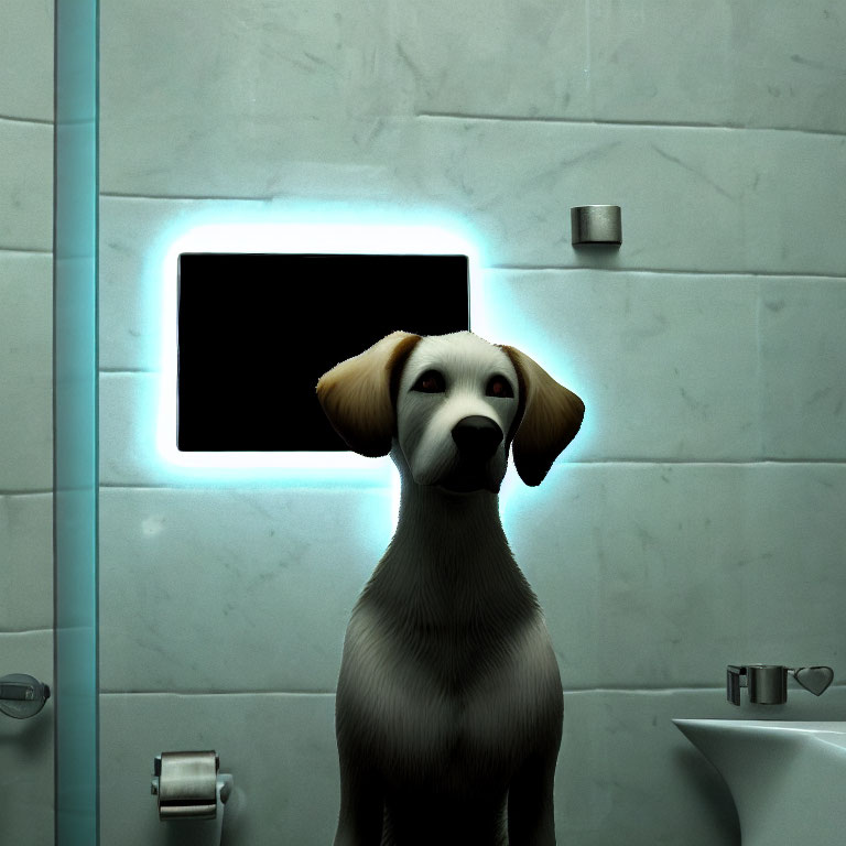 Cartoon Dog in Bathroom with Glowing Mirror