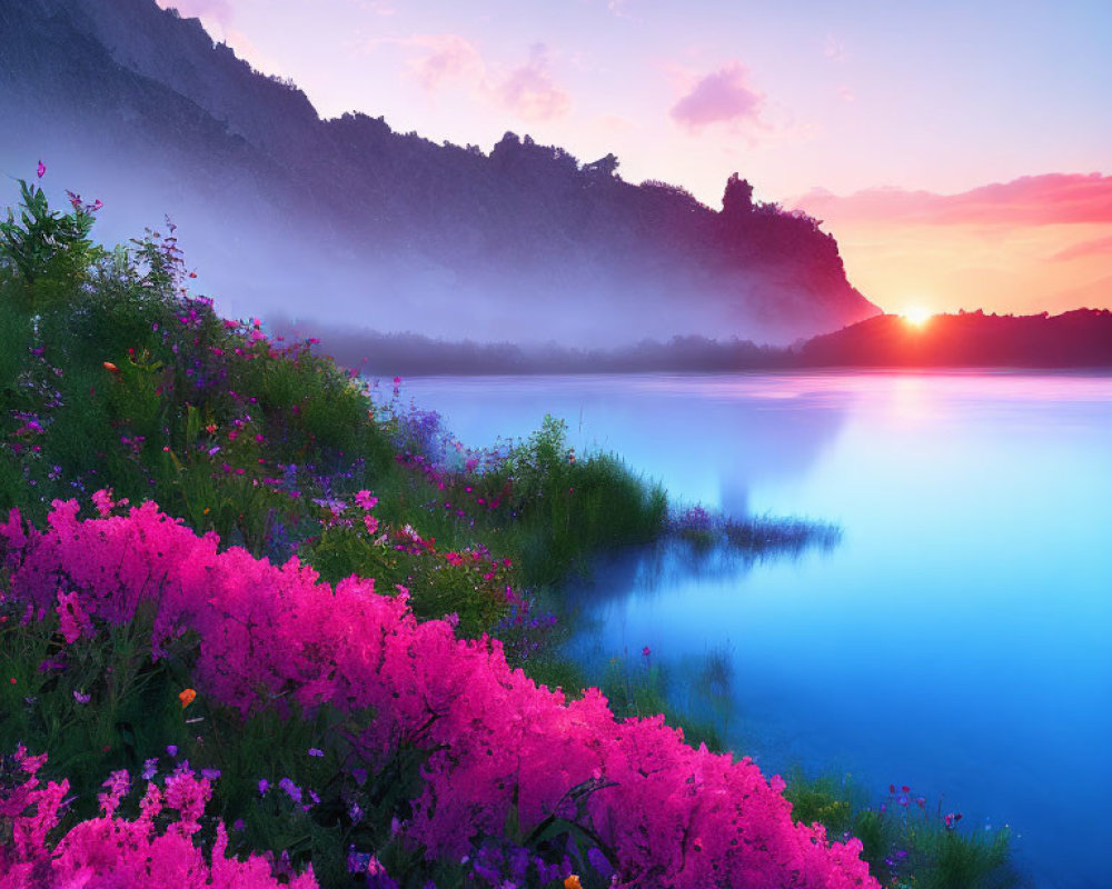 Tranquil lake with pink flowers, mist, and sunrise over mountains.