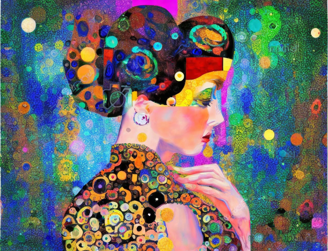 Vibrant abstract portrait of a woman with colorful shapes and circles on cosmic background